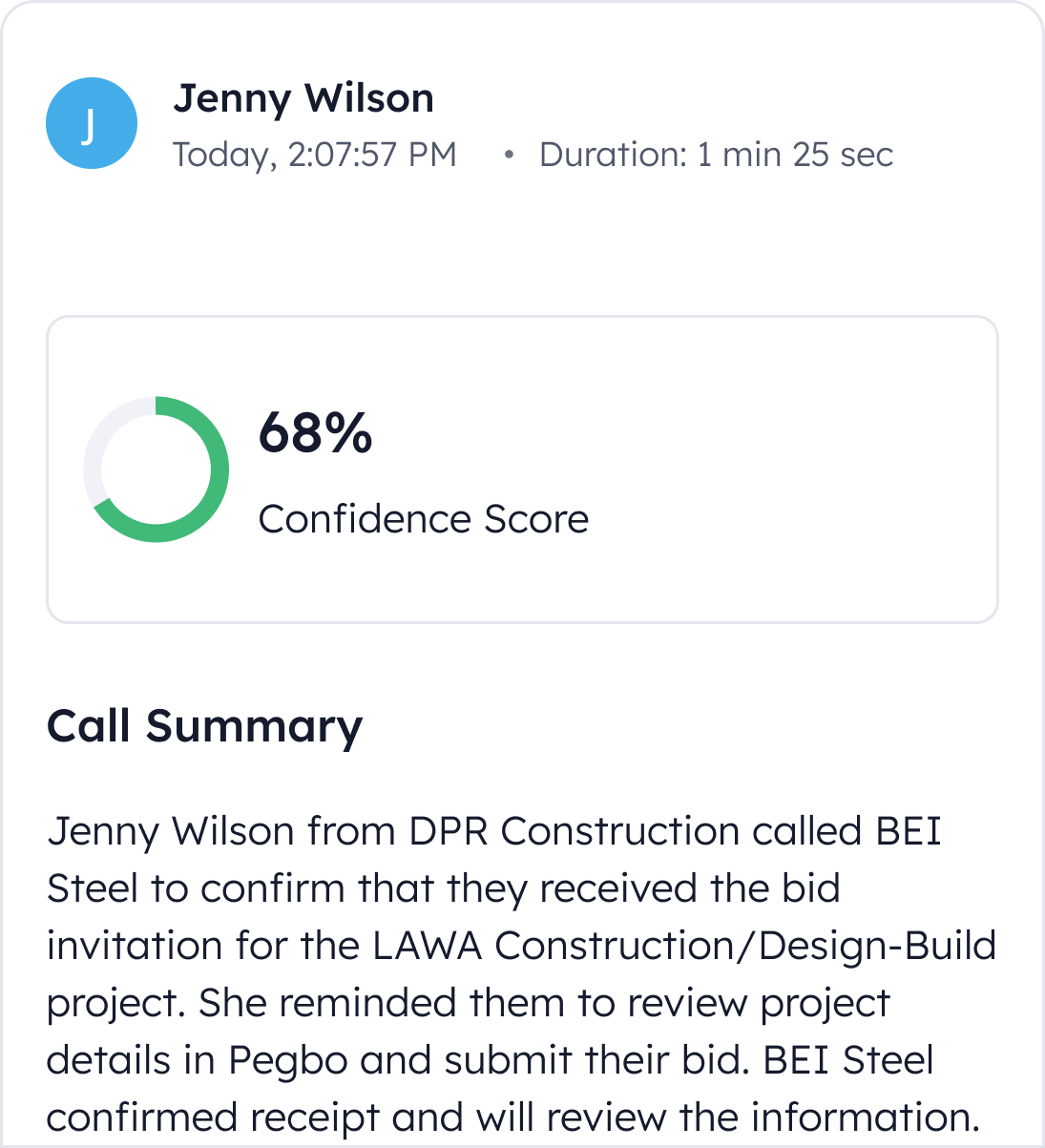 Call summary interface showing AI-generated meeting notes and outcomes