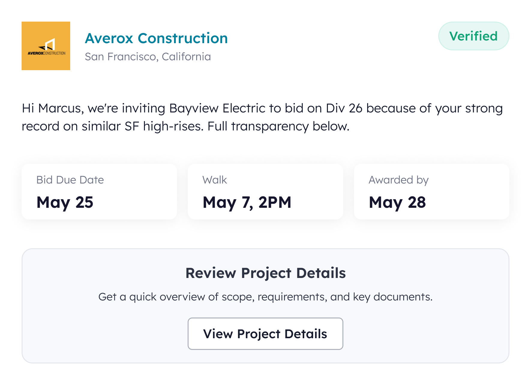 Invitation to bid interface showing personalized outreach to subcontractors